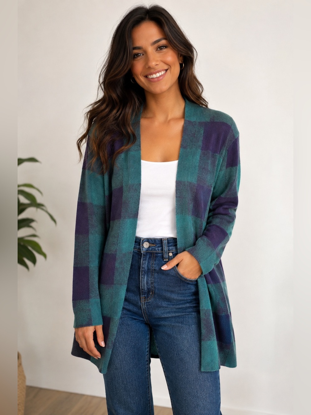 Talbots Womens Cotton Blend Green Tartan Plaid Cardigan Sweater Small Old Money